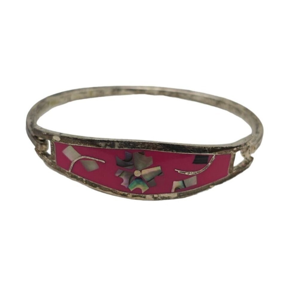 Mexico Mother of Pearl Abalone Red Enamel Silver Tone Hinged Hook Bracelet VTG